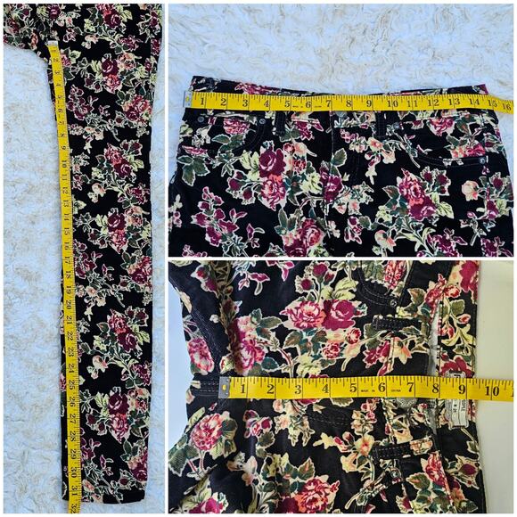 Black Floral Pants Free People Size 26 Stretch Crop Skinny Corduroy Rose Flower - Picture 6 of 9